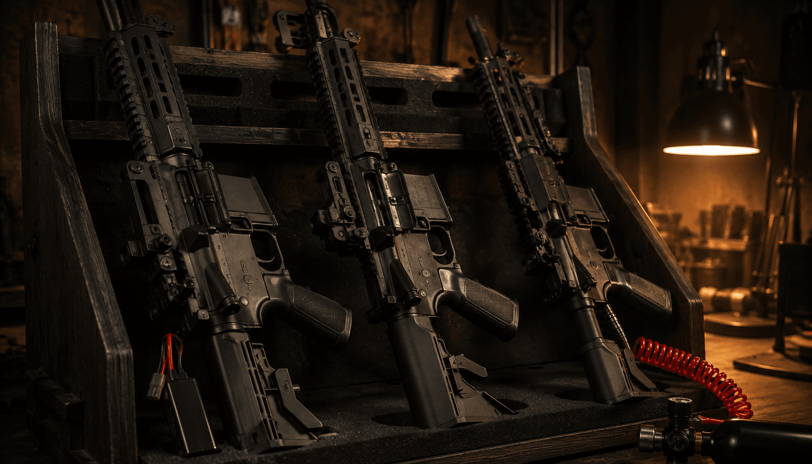 Three modern airsoft AR-style rifles on a wooden gun rack in a tactical workshop, side by side: an AEG with LiPo battery, a GBB with metal magazine, and an HPA-converted rifle with a red high-pressure air line trailing to a small tank