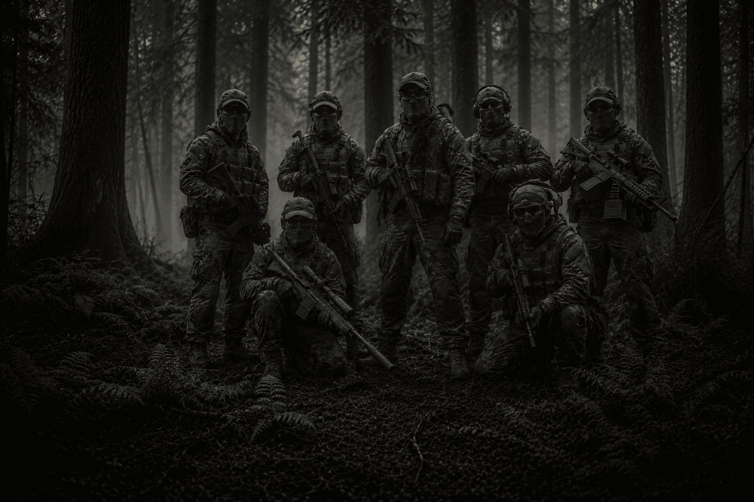 A full airsoft squad in camouflage standing combat-ready in dark misty woodland, weapons up, spread in a loose tactical line