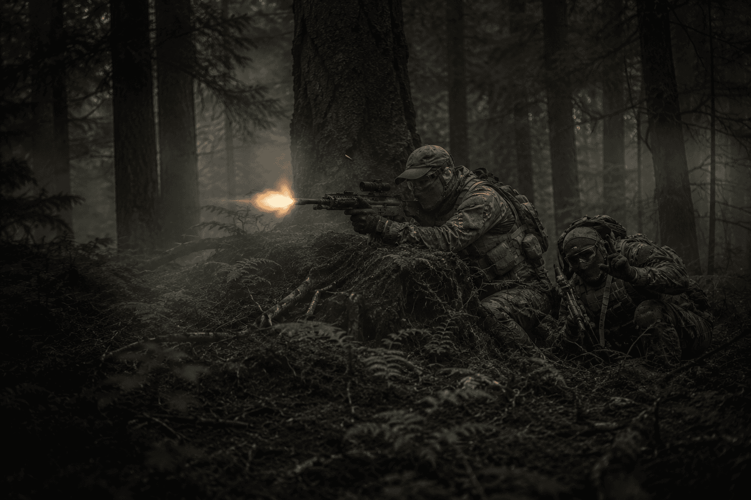 Two airsoft players in dark misty woodland, one firing his replica with a bright muzzle flash while his teammate bounds forward under cover