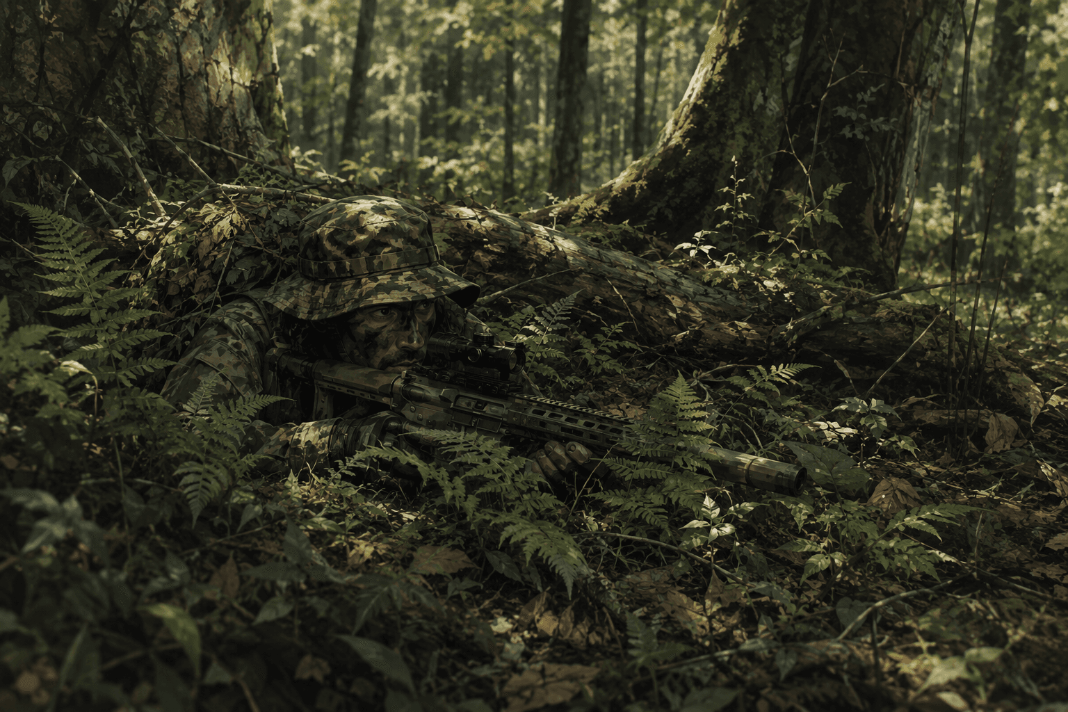 Uno sniper softair in ghillie completo disteso e nascosto tra felci e un tronco caduto in un bosco verde, visibile solo la volata del fucile