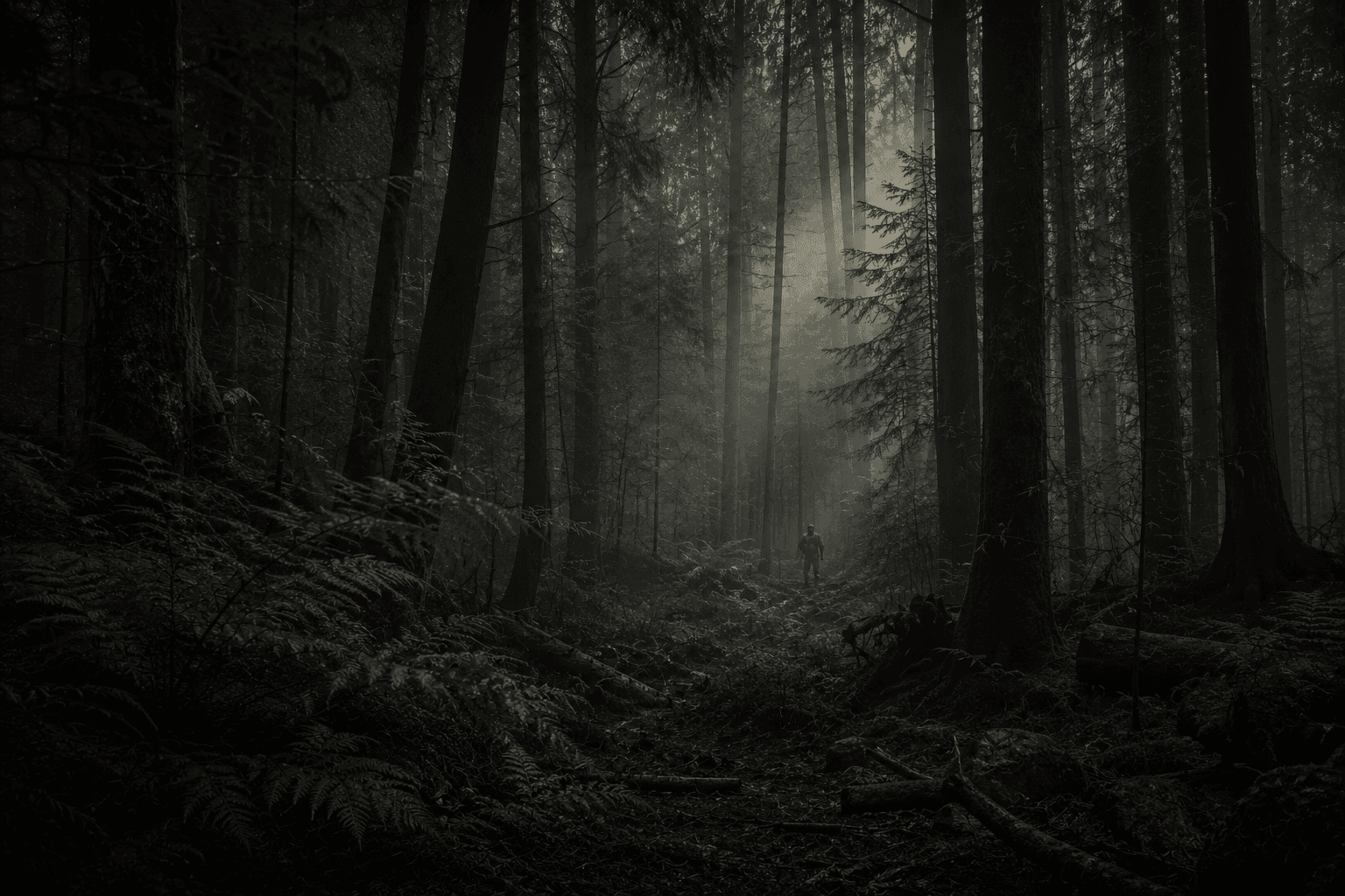 A misty woodland airsoft field at dawn, the lone silhouette of a player standing still on a forest trail between dense trees