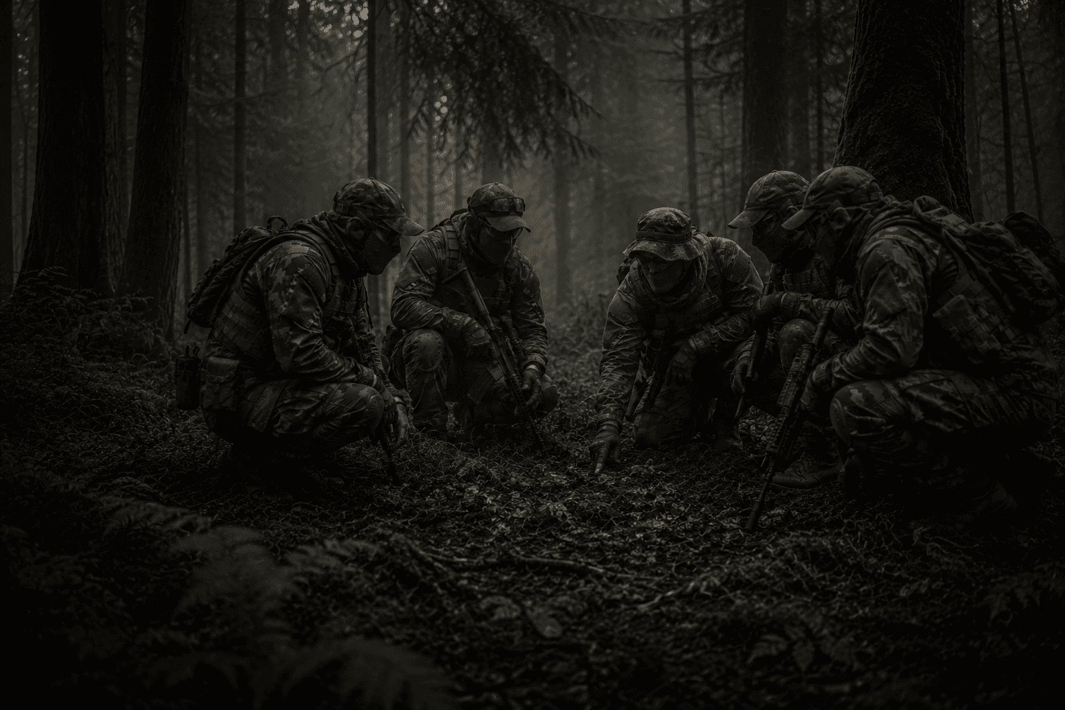 An airsoft squad crouched in a tight huddle communicating with hand signals in dark misty woodland