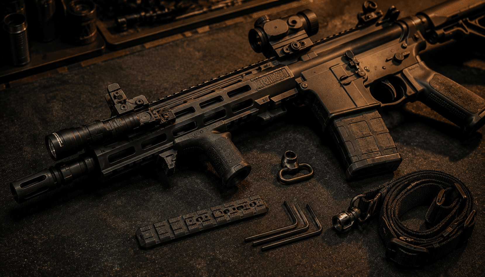 Top-down 3/4 view of a modern AR-style airsoft rifle on a dark tactical mat, fully accessorized M-LOK handguard with angled foregrip, weapon light, hand stop, red dot and flip-up irons; spare rail panel, QD swivel, hex keys and tactical sling laid beside