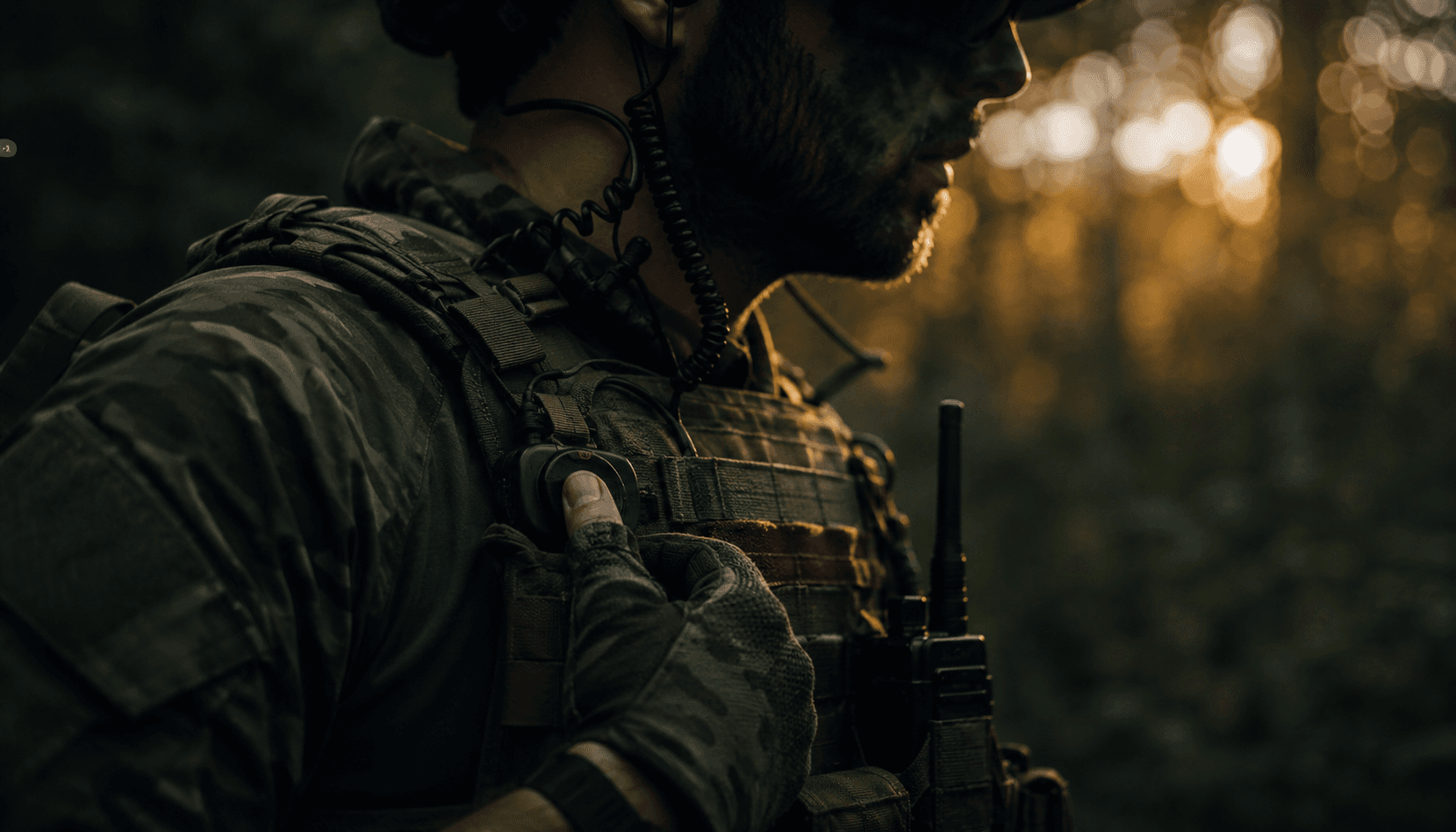 Primo piano di profilo di un operatore softair in tenuta woodland che preme un pulsante PTT nero sul chest rig, con cavo a spirale dell'auricolare radio che sale all'orecchio e ricetrasmittente al petto, sfondo bosco cinematografico in luce dorata