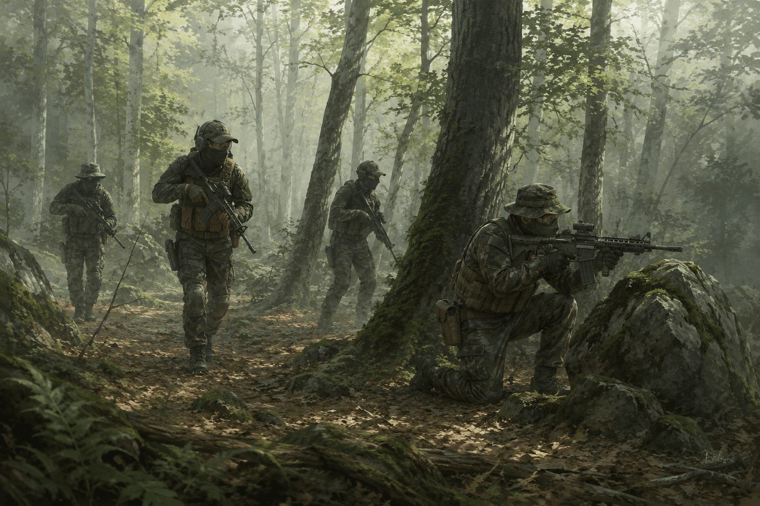Una squadra softair dispersa in formazione a cuneo che avanza in un bosco illuminato dal sole, giocatori sfalsati a circa dieci metri di distanza con il leader all'apice