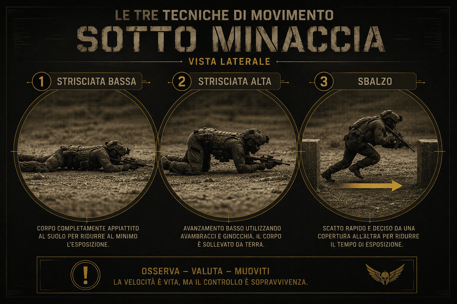 Diagramma del movimento tattico softair che mostra la strisciata bassa appiattita al terreno, la strisciata alta su avambracci e stinchi e lo sbalzo 3-5 secondi in corsa tra le coperture