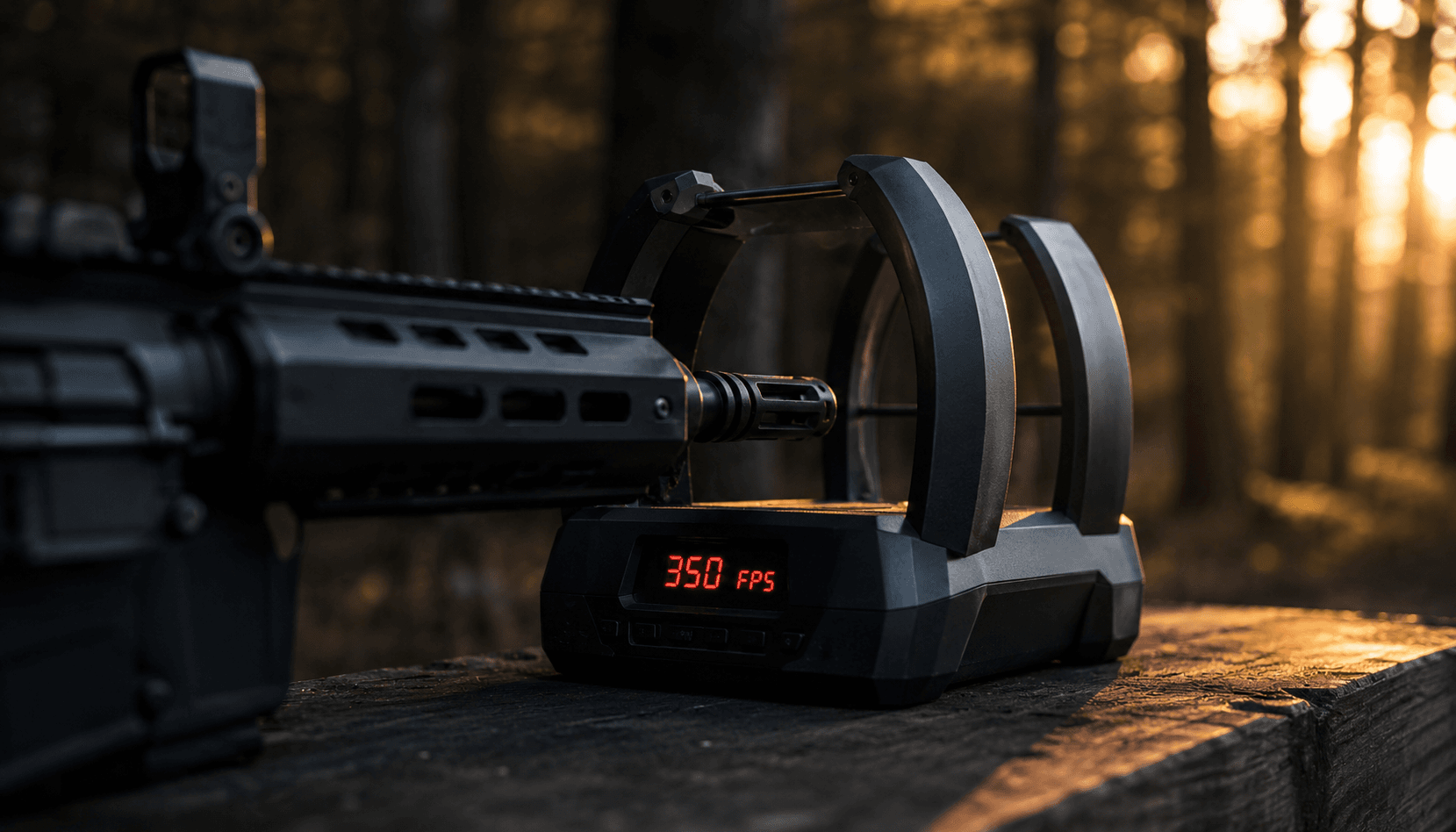 Close-up of a black tactical airsoft AR-style rifle being chronographed at sunset in a forest, with the chronograph LED display reading 350 FPS in red digits