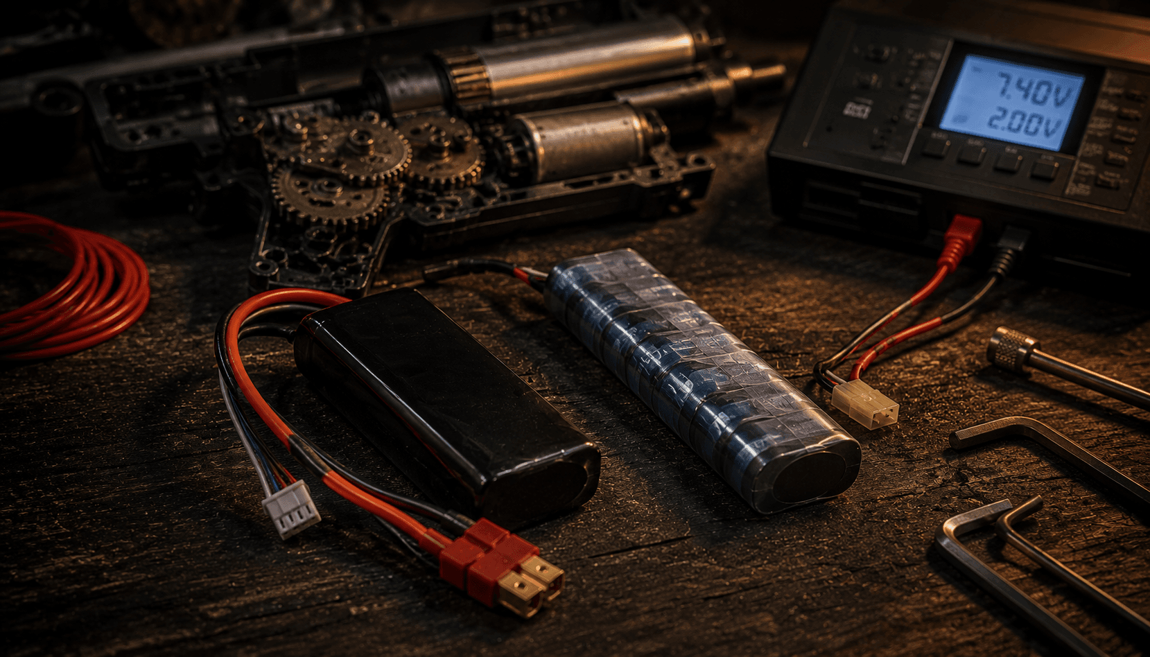 Tactical workshop bench close-up: a 7.4V 2S LiPo airsoft battery with red XT60 connector and a stick-format 8.4V NiMH pack side by side, with a balance charger showing voltage on its LCD and an open AEG gearbox in soft background focus